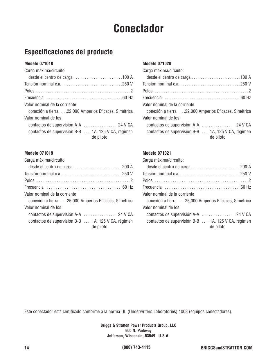 Conectador, Especificaciones del producto | Briggs & Stratton 071019 User Manual | Page 30 / 44