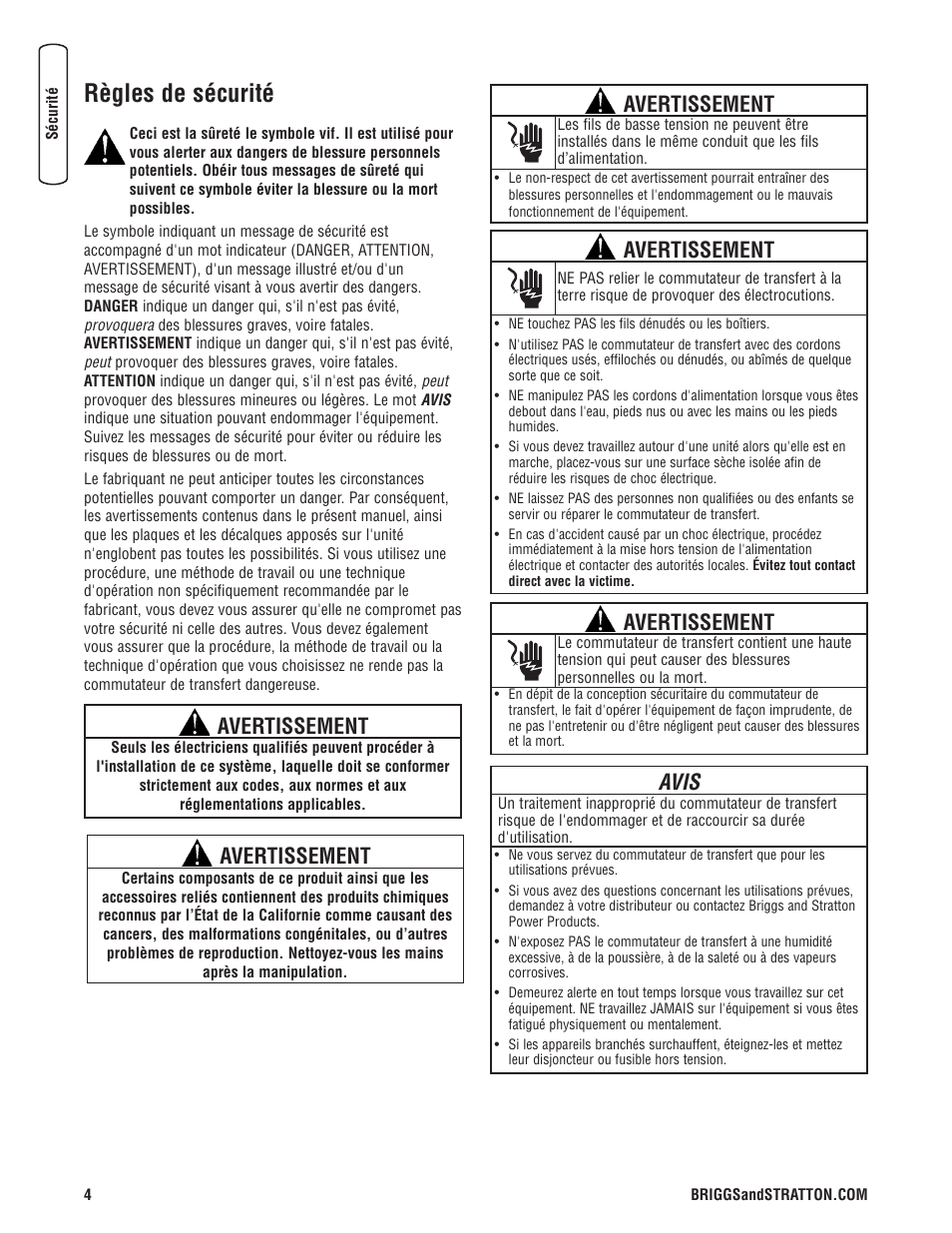 Règles de sécurité, Avertissement, Avis | Briggs & Stratton 071019 User Manual | Page 34 / 44