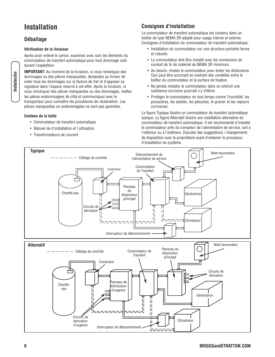 Installation, Déballage, Consignes d'installation | Briggs & Stratton 071019 User Manual | Page 36 / 44