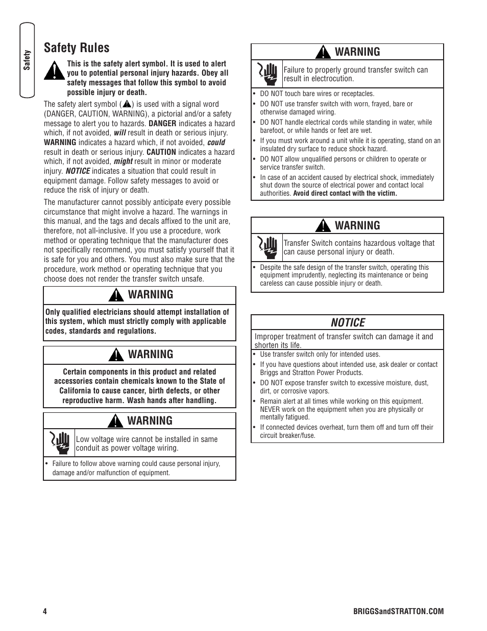 Safety rules, Reglas de seguridad, Warning | Notice | Briggs & Stratton 071019 User Manual | Page 4 / 44