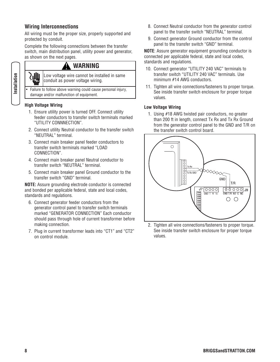 Wiring interconnections, Interconexiones de cableado, Warning | Briggs & Stratton 071019 User Manual | Page 8 / 44