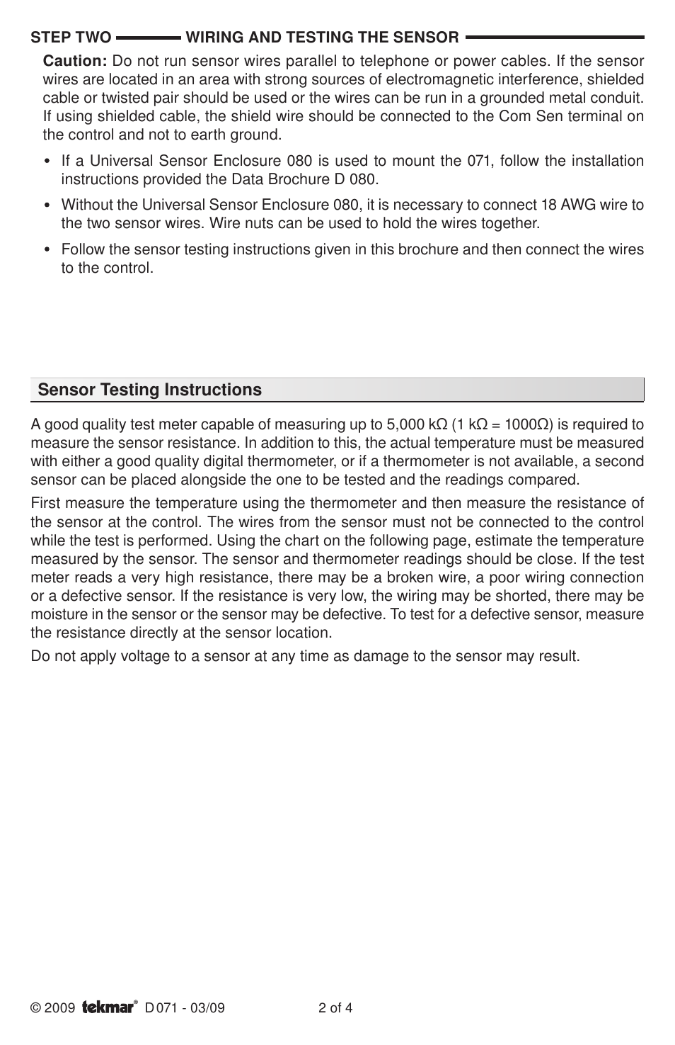 tekmar 071 Universal Sensor User Manual | Page 2 / 4