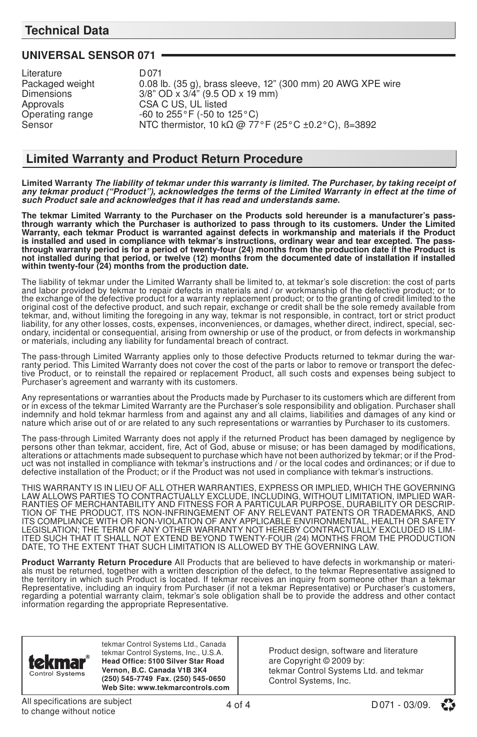 tekmar 071 Universal Sensor User Manual | Page 4 / 4