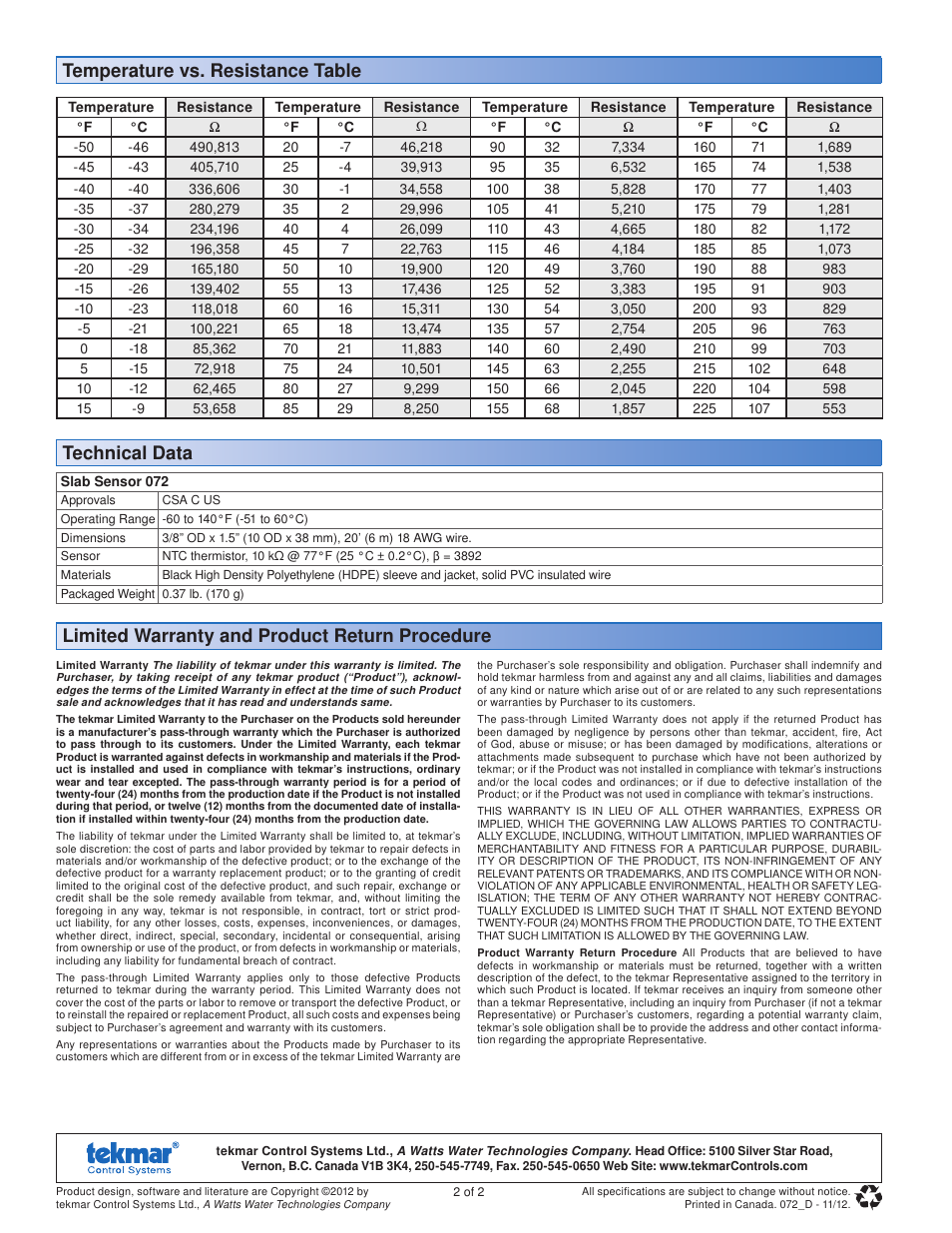 Limited warranty and product return procedure, Temperature vs. resistance table technical data | tekmar 072 10k Slab Sensor User Manual | Page 2 / 2