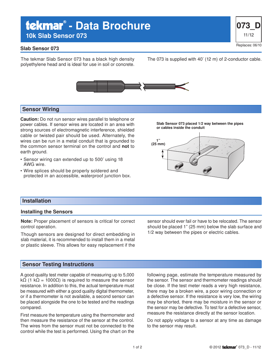 tekmar 073 10k Slab Sensor User Manual | 2 pages