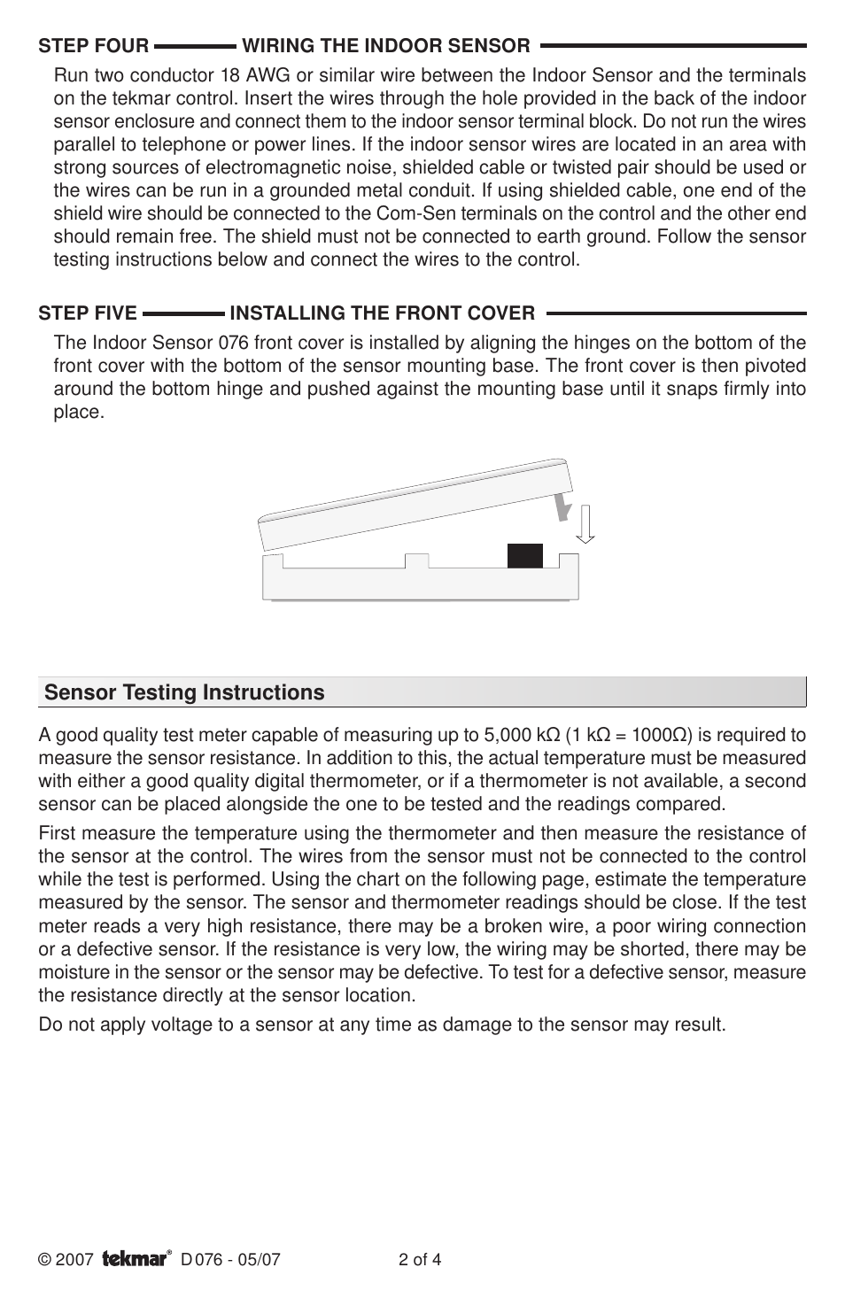 tekmar 076 Indoor Sensor User Manual | Page 2 / 4