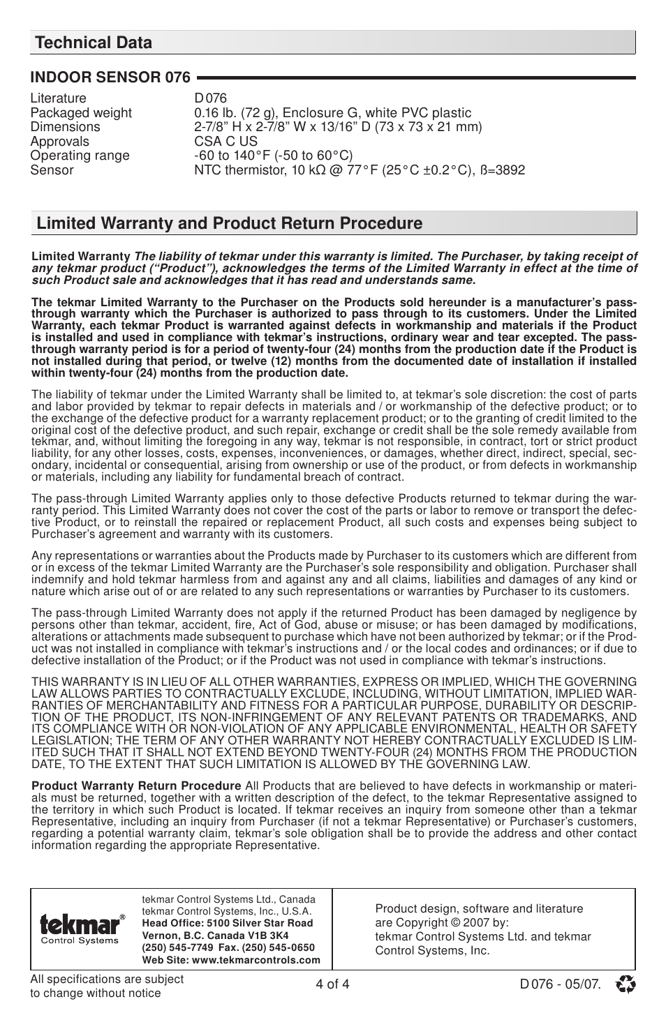 tekmar 076 Indoor Sensor User Manual | Page 4 / 4