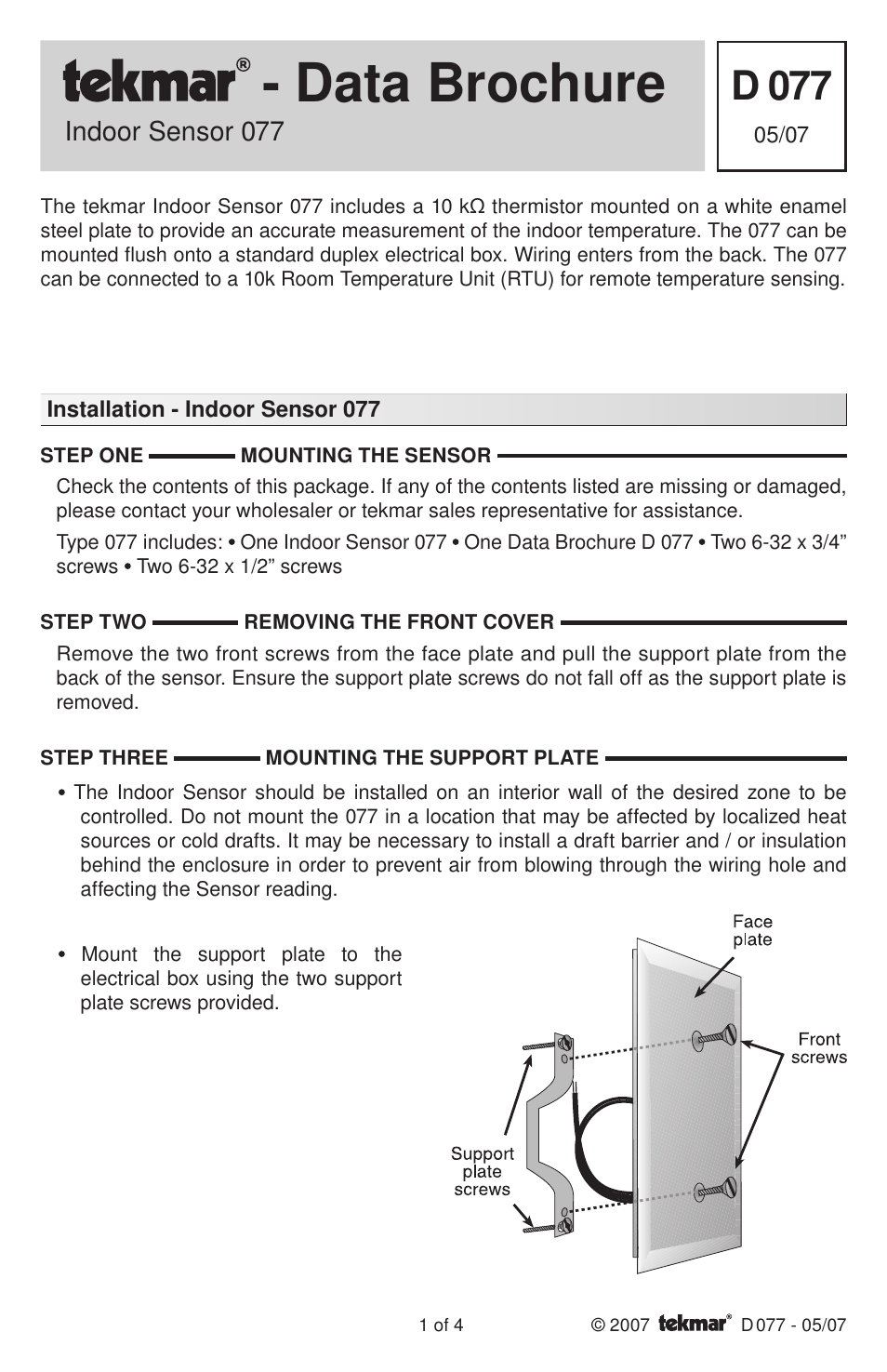 tekmar 077 Indoor Sensor User Manual | 4 pages