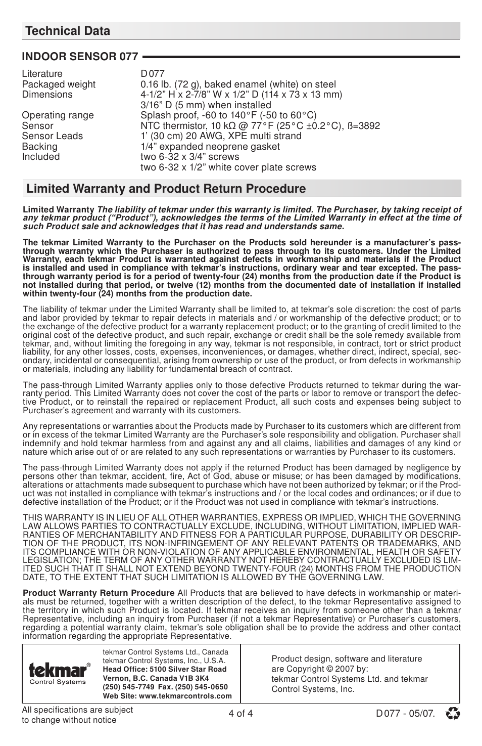 tekmar 077 Indoor Sensor User Manual | Page 4 / 4