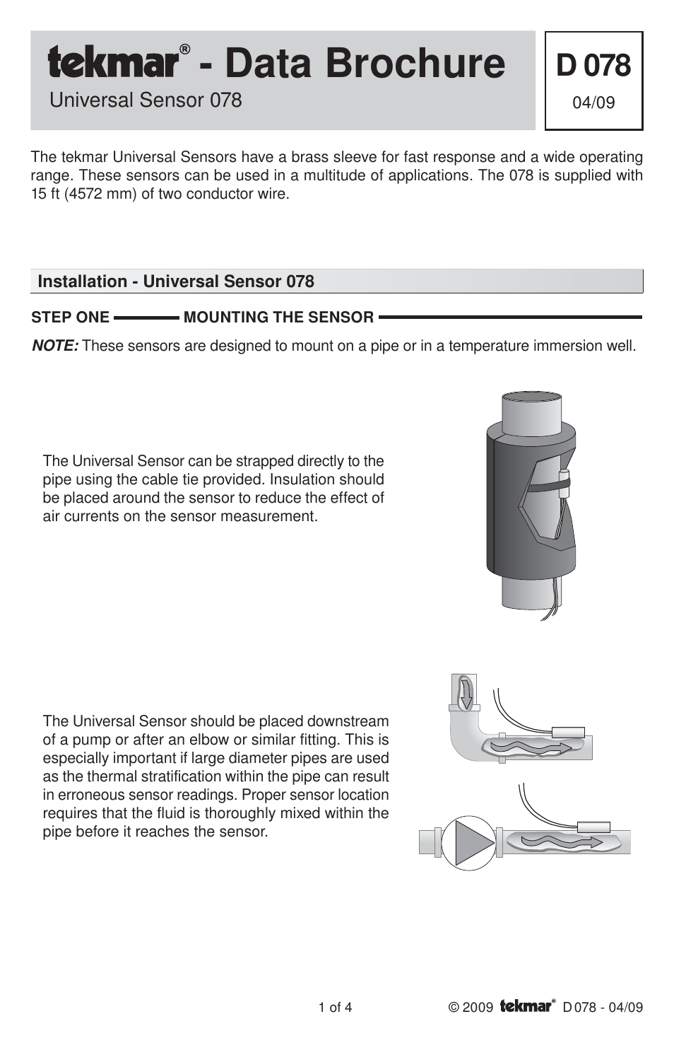 tekmar 078 Universal Sensor User Manual | 4 pages