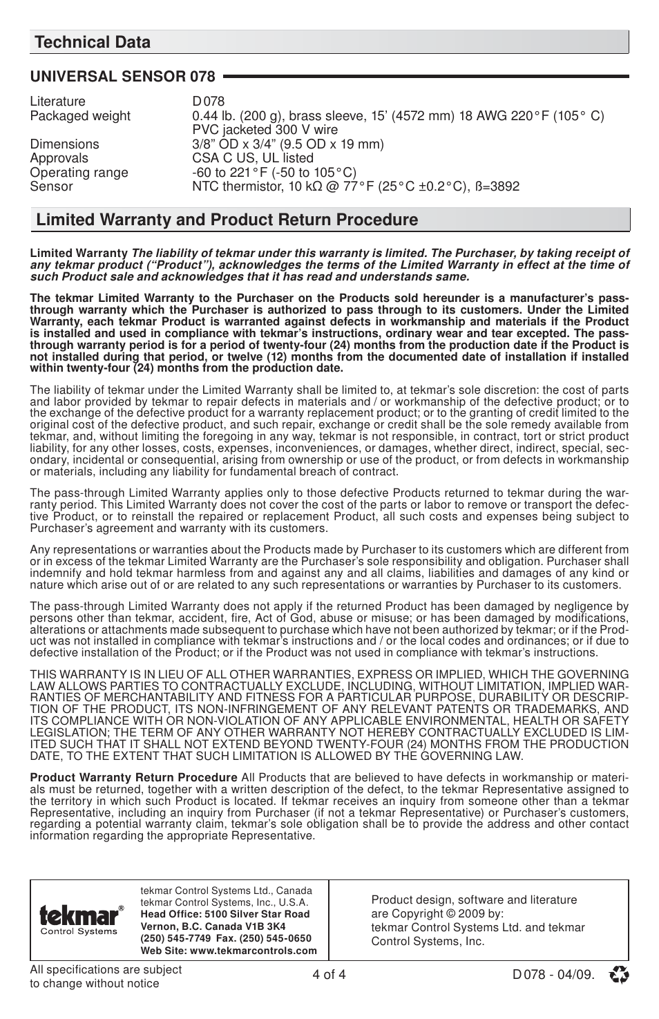 Universal sensor 078 | tekmar 078 Universal Sensor User Manual | Page 4 / 4