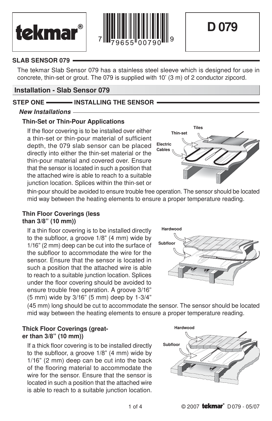 tekmar 079 Slab Sensor User Manual | 4 pages