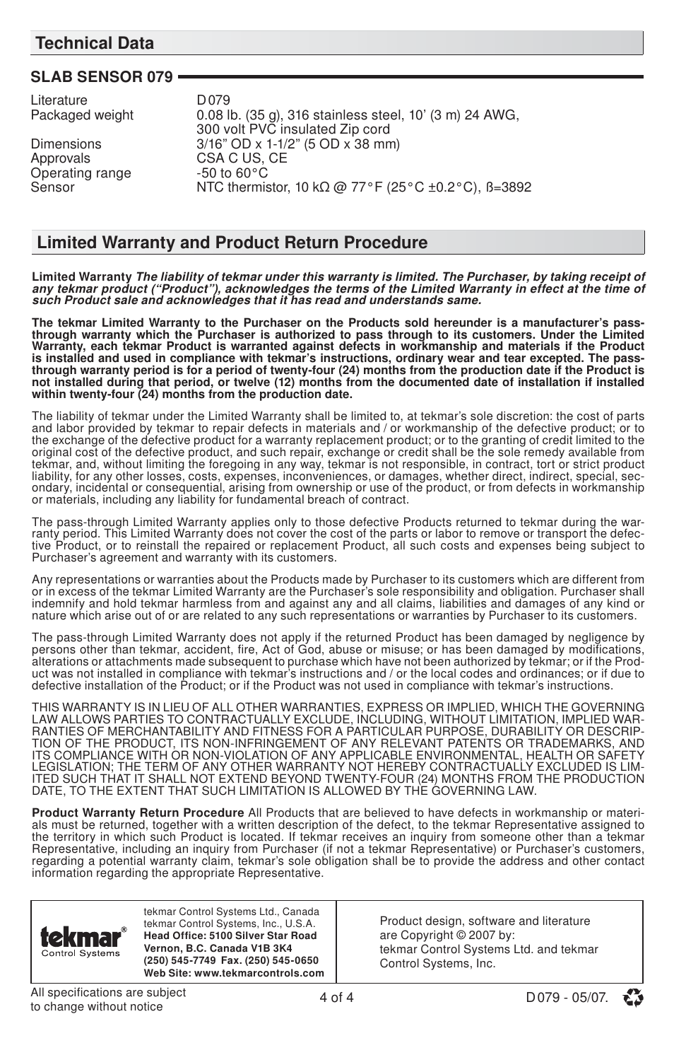 tekmar 079 Slab Sensor User Manual | Page 4 / 4