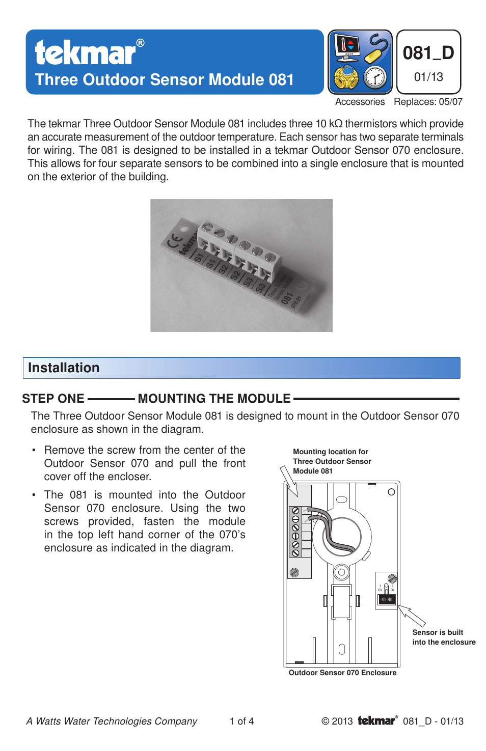 tekmar 081 Three Outdoor Sensor Module User Manual | 4 pages