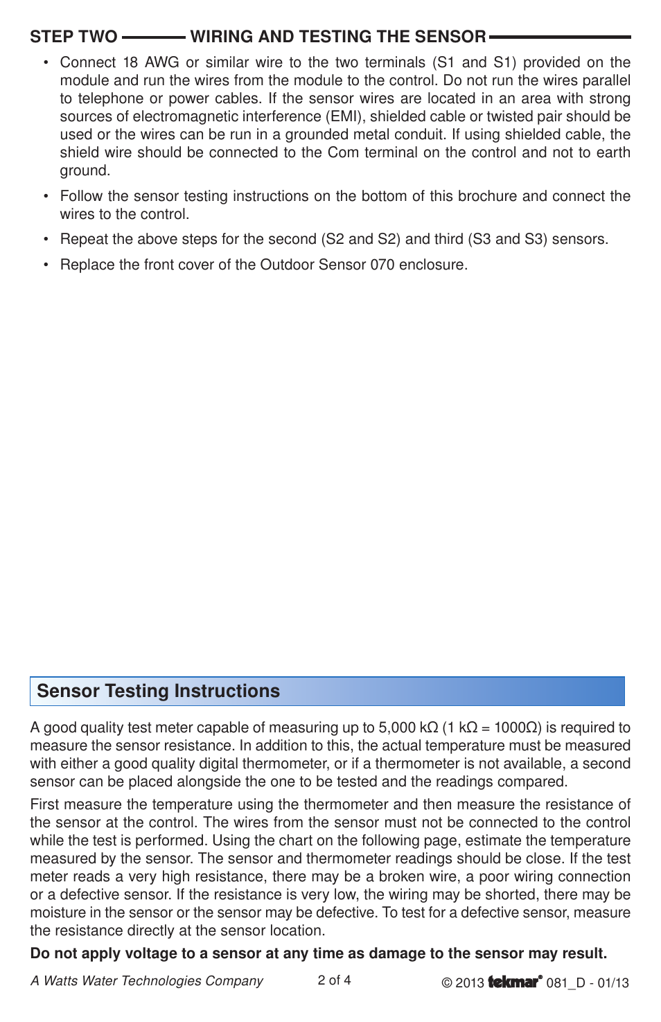 Sensor testing instructions | tekmar 081 Three Outdoor Sensor Module User Manual | Page 2 / 4