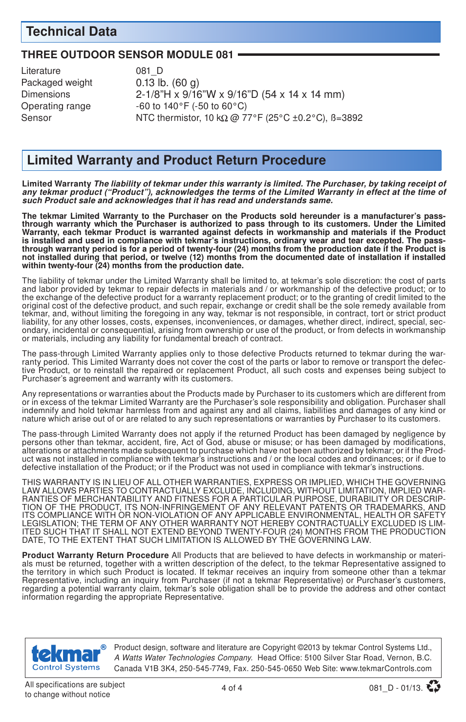 tekmar 081 Three Outdoor Sensor Module User Manual | Page 4 / 4