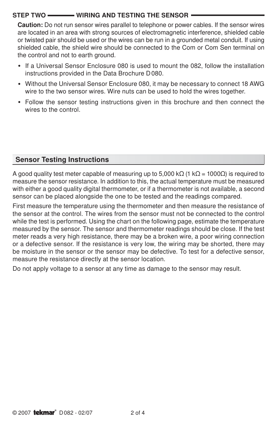 tekmar 082 Universal Sensor User Manual | Page 2 / 4
