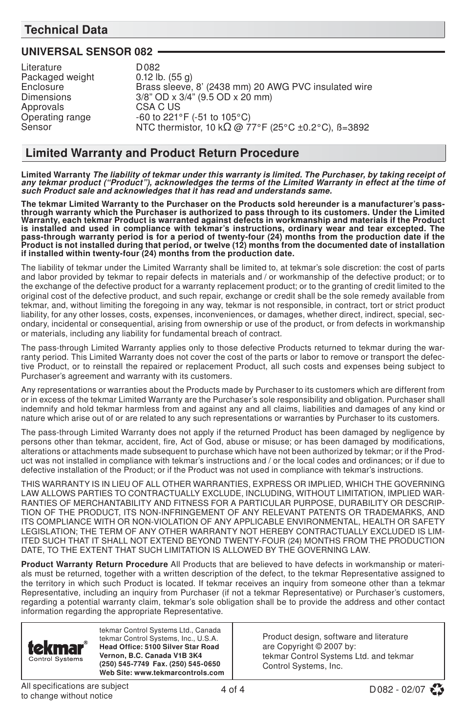 tekmar 082 Universal Sensor User Manual | Page 4 / 4