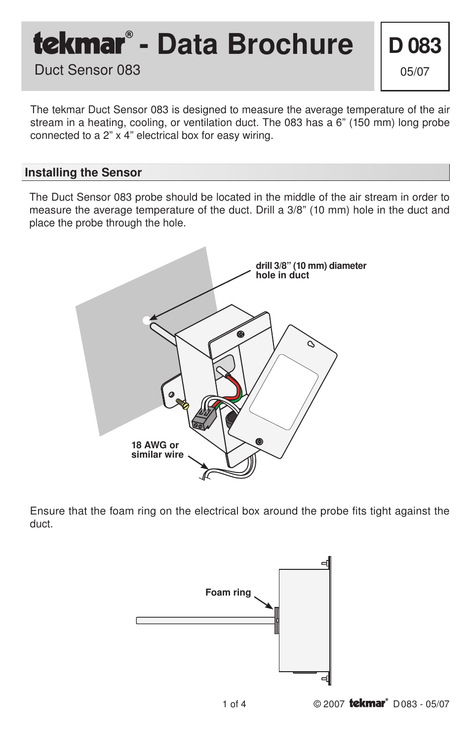 tekmar 083 Duct Sensor User Manual | 4 pages