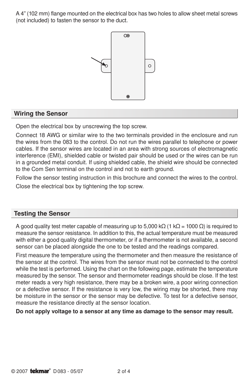 tekmar 083 Duct Sensor User Manual | Page 2 / 4