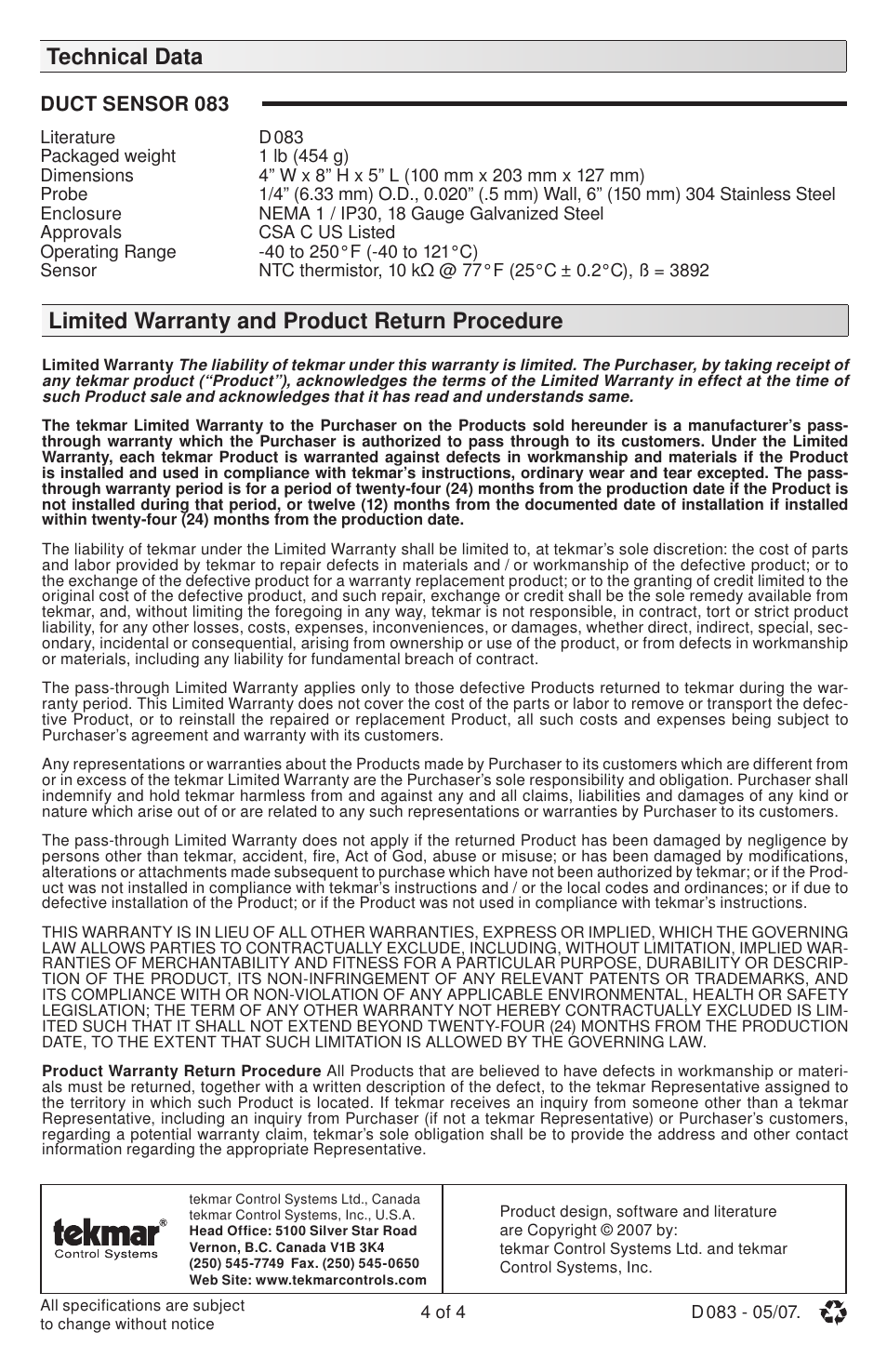 tekmar 083 Duct Sensor User Manual | Page 4 / 4