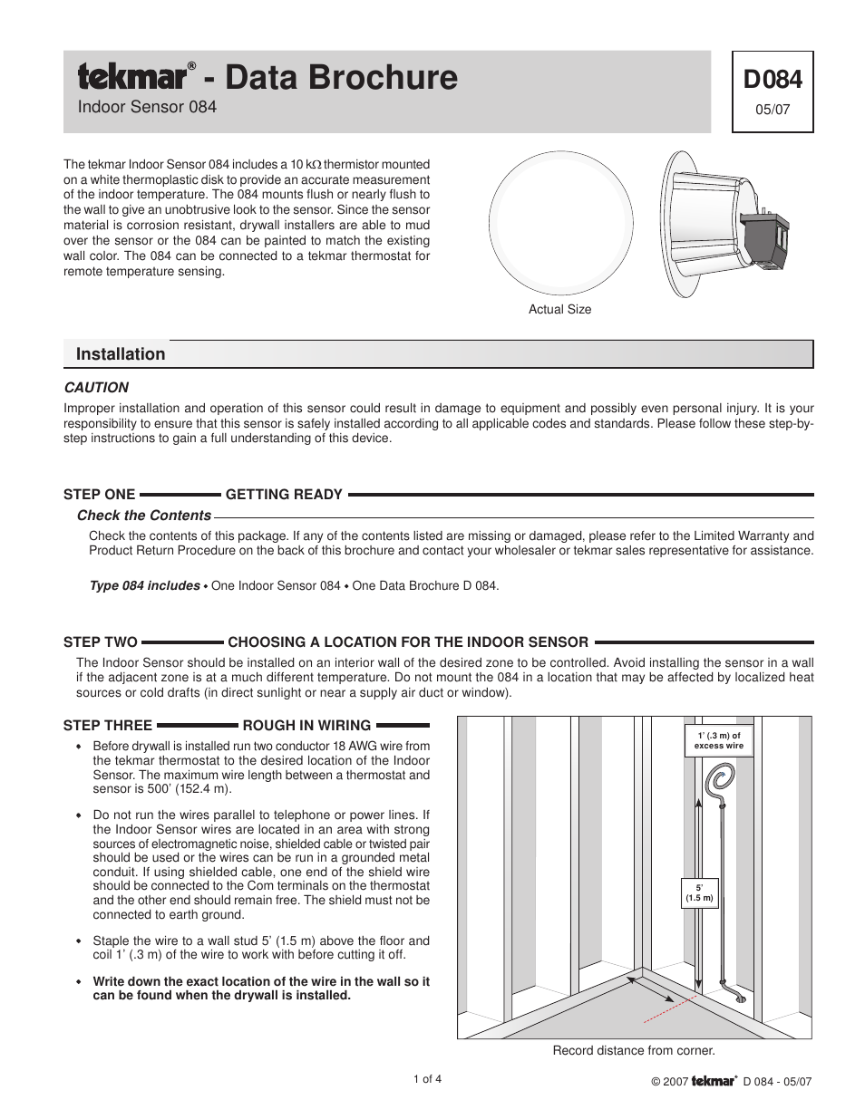 tekmar 084 Indoor Sensor User Manual | 4 pages