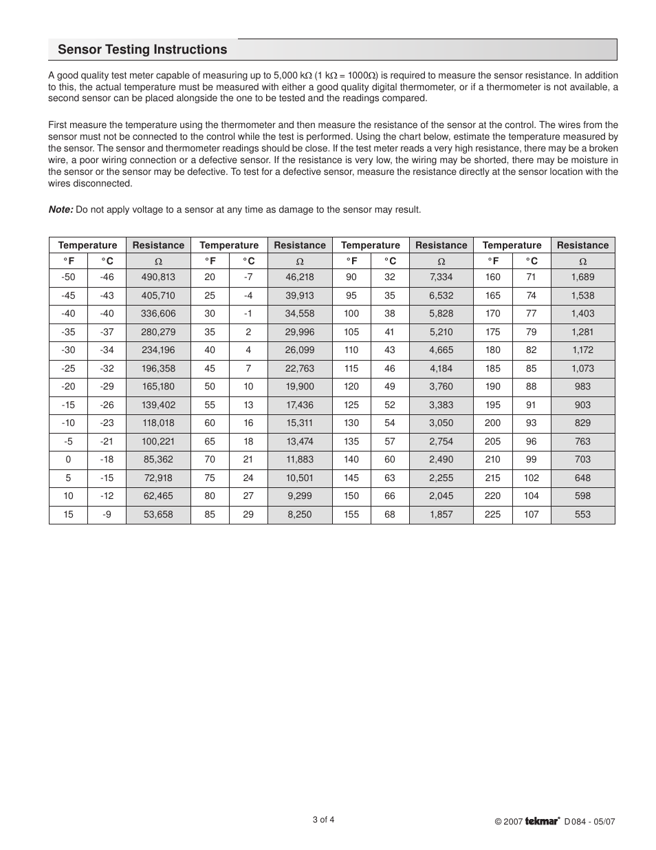Sensor testing instructions | tekmar 084 Indoor Sensor User Manual | Page 3 / 4