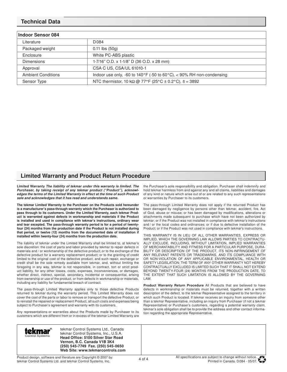 tekmar 084 Indoor Sensor User Manual | Page 4 / 4