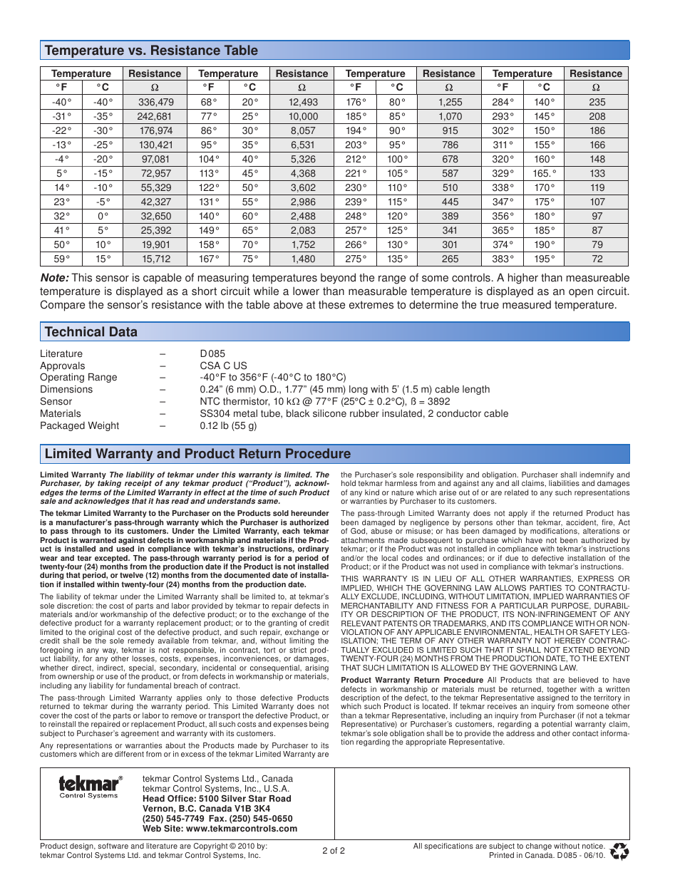 Limited warranty and product return procedure, Temperature vs. resistance table technical data | tekmar 085 10k Solar Sensor User Manual | Page 2 / 2