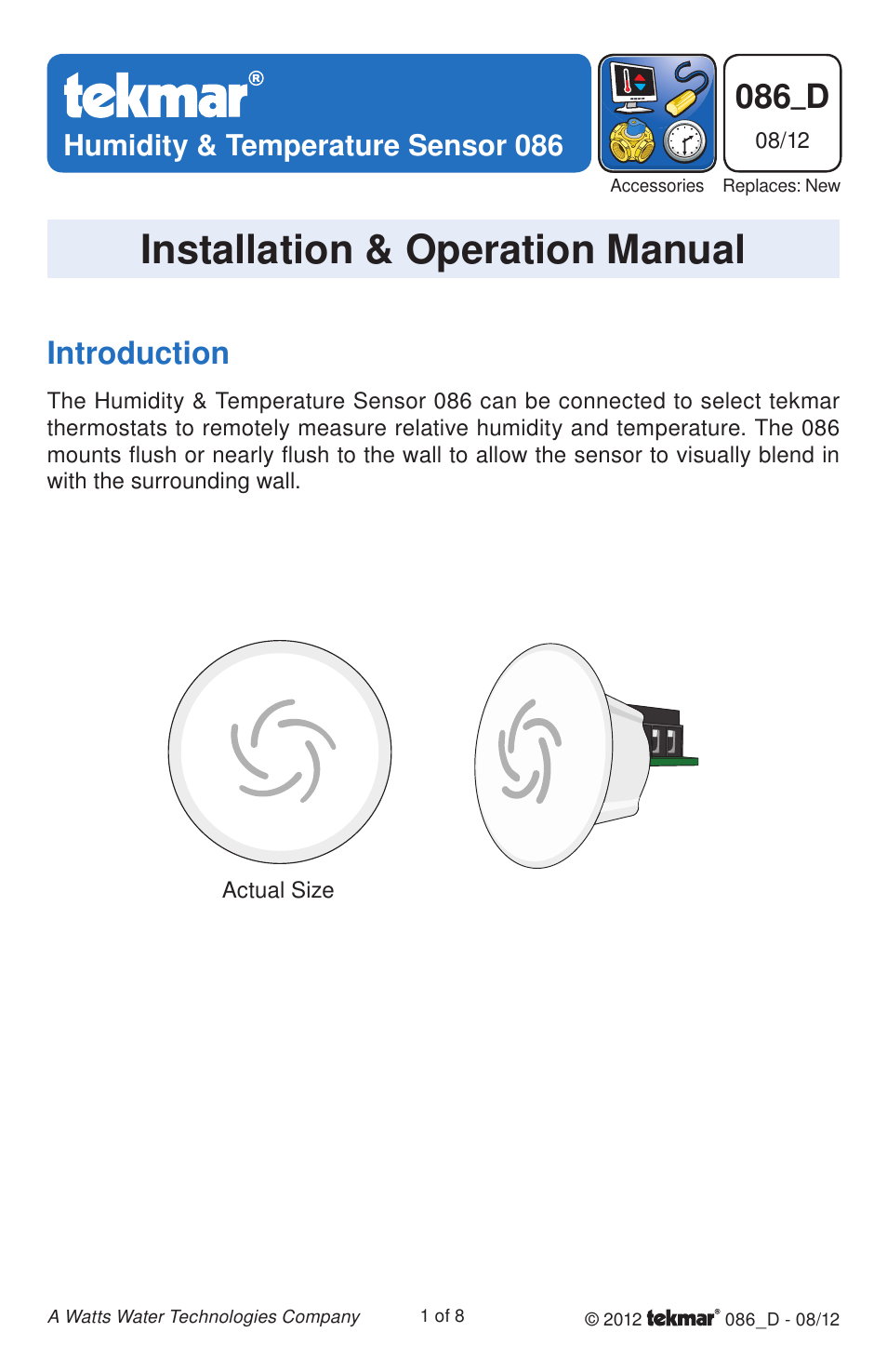 tekmar 086 Humidity & Temperature Sensor User Manual | 8 pages
