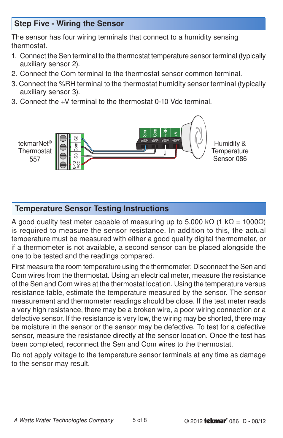 Temperature sensor testing instructions, Step five - wiring the sensor | tekmar 086 Humidity & Temperature Sensor User Manual | Page 5 / 8