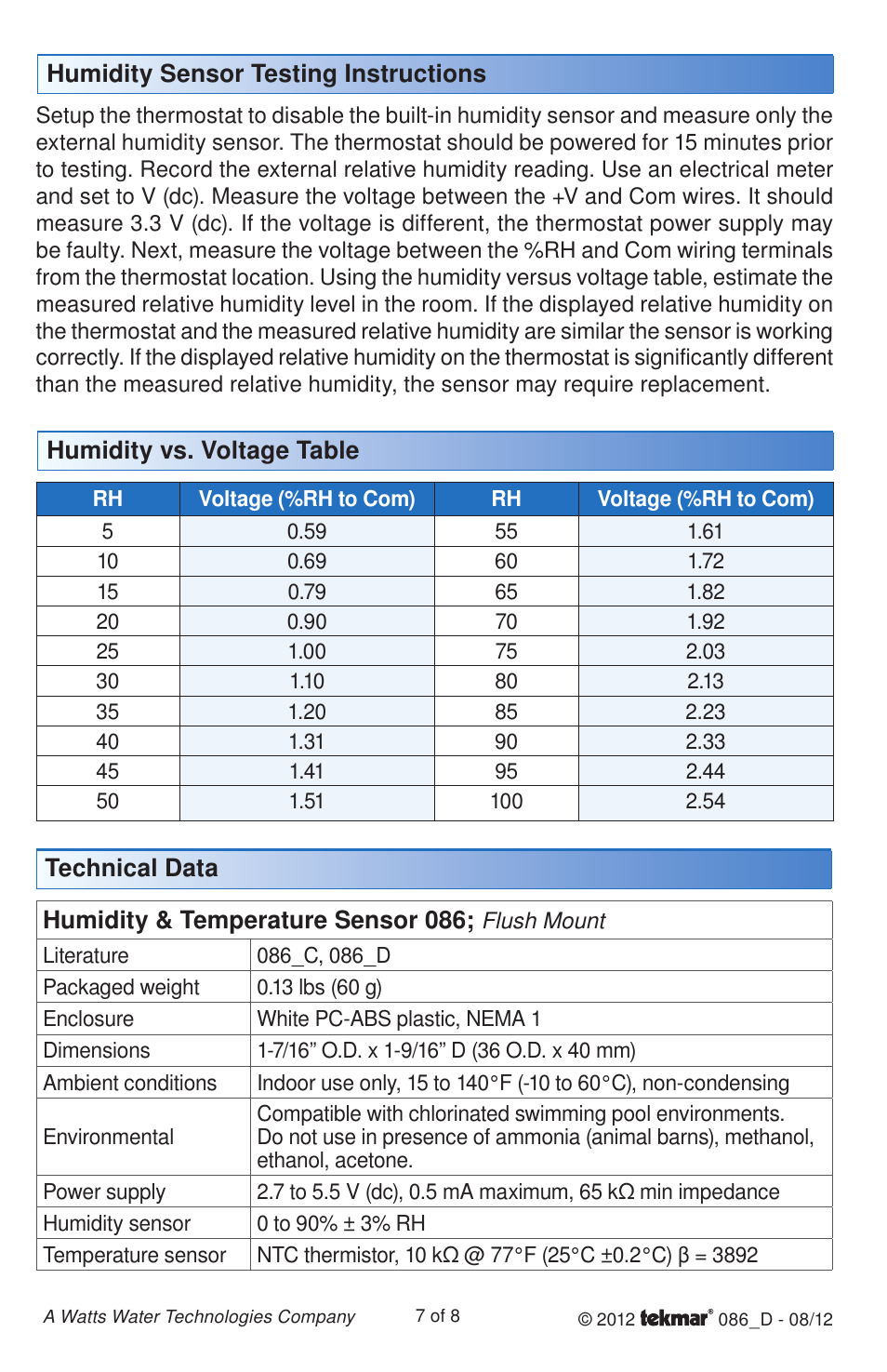 tekmar 086 Humidity & Temperature Sensor User Manual | Page 7 / 8