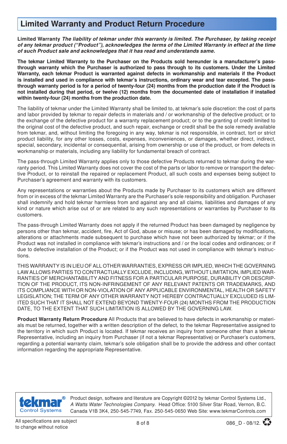 Limited warranty and product return procedure | tekmar 086 Humidity & Temperature Sensor User Manual | Page 8 / 8