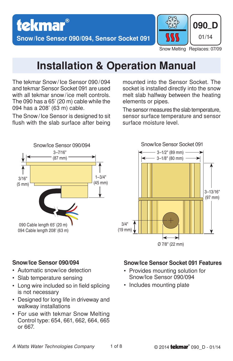 tekmar 091 Sensor Socket User Manual | 8 pages