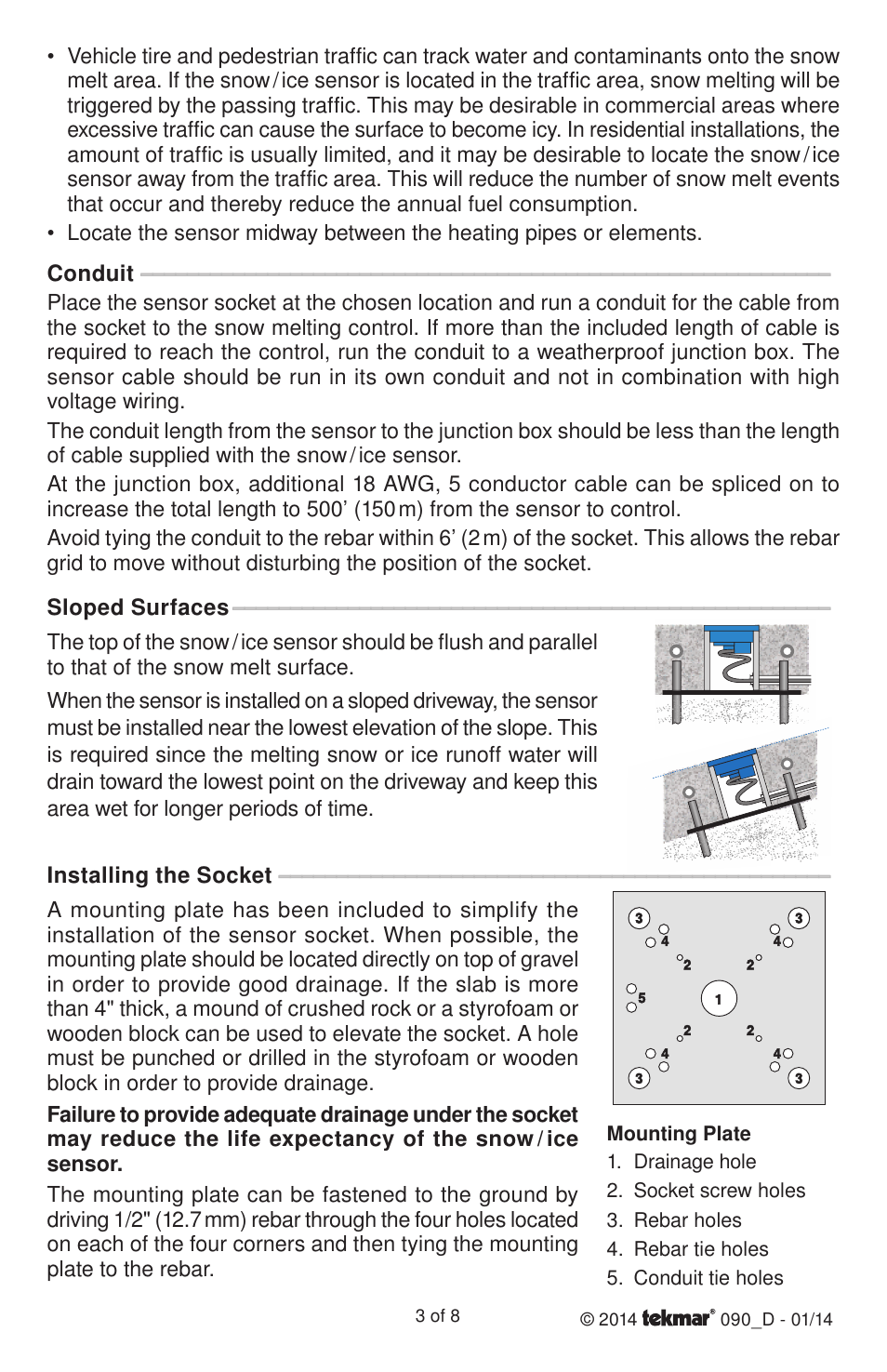 Conduit, Sloped surfaces, Installing the socket | tekmar 091 Sensor Socket User Manual | Page 3 / 8