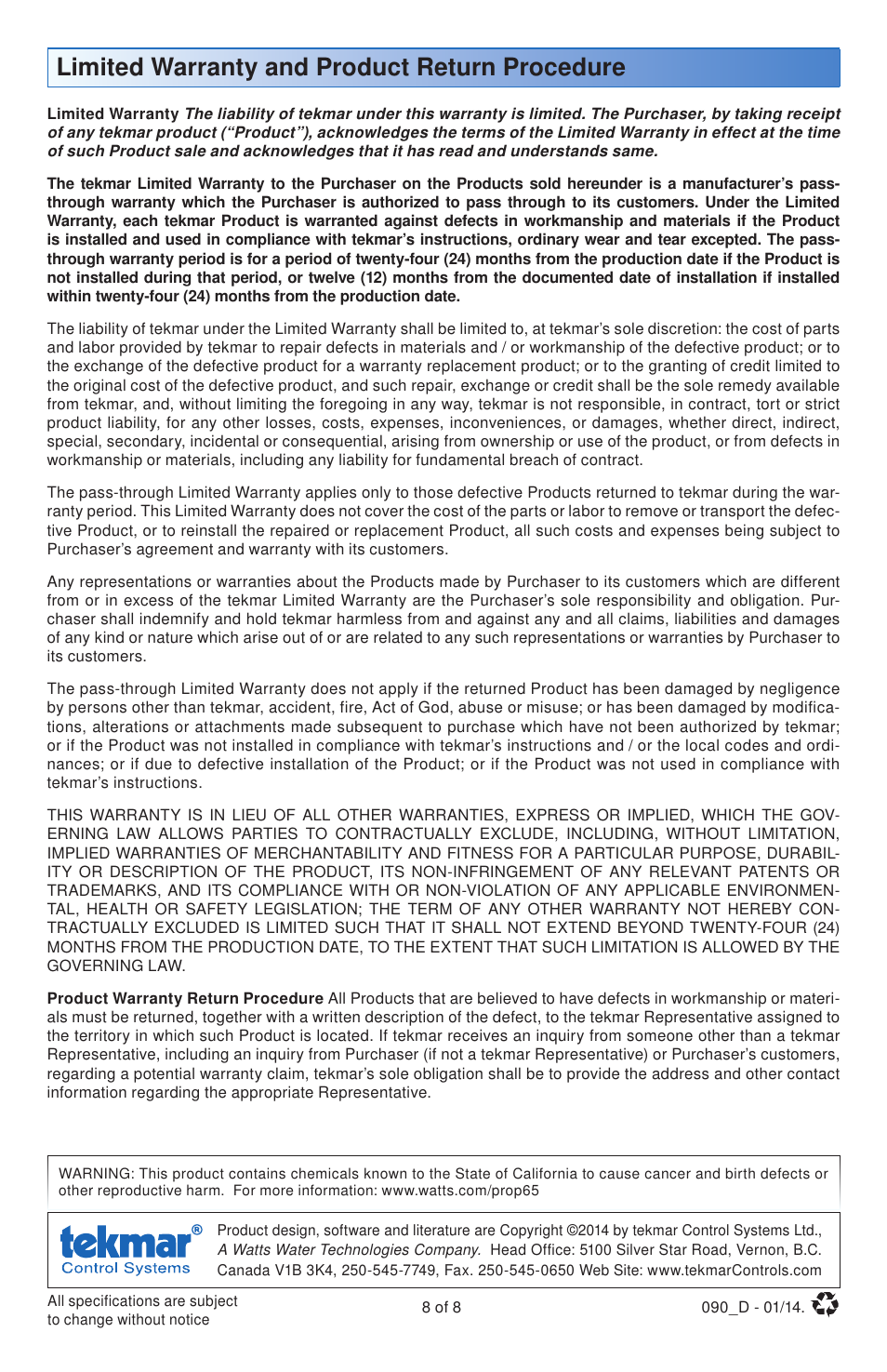Limited warranty and product return procedure | tekmar 091 Sensor Socket User Manual | Page 8 / 8