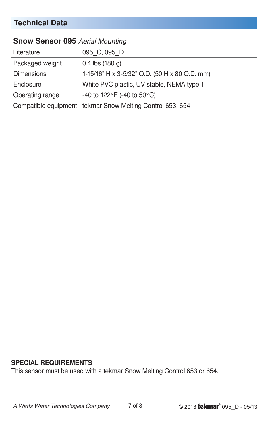 Technical data snow sensor 095 | tekmar 095 Snow Sensor User Manual | Page 7 / 8