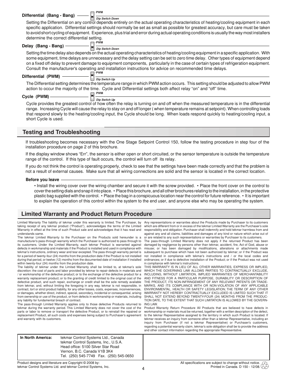Limited warranty and product return procedure, Testing and troubleshooting | tekmar 150 One Stage Setpoint Control User Manual | Page 4 / 4