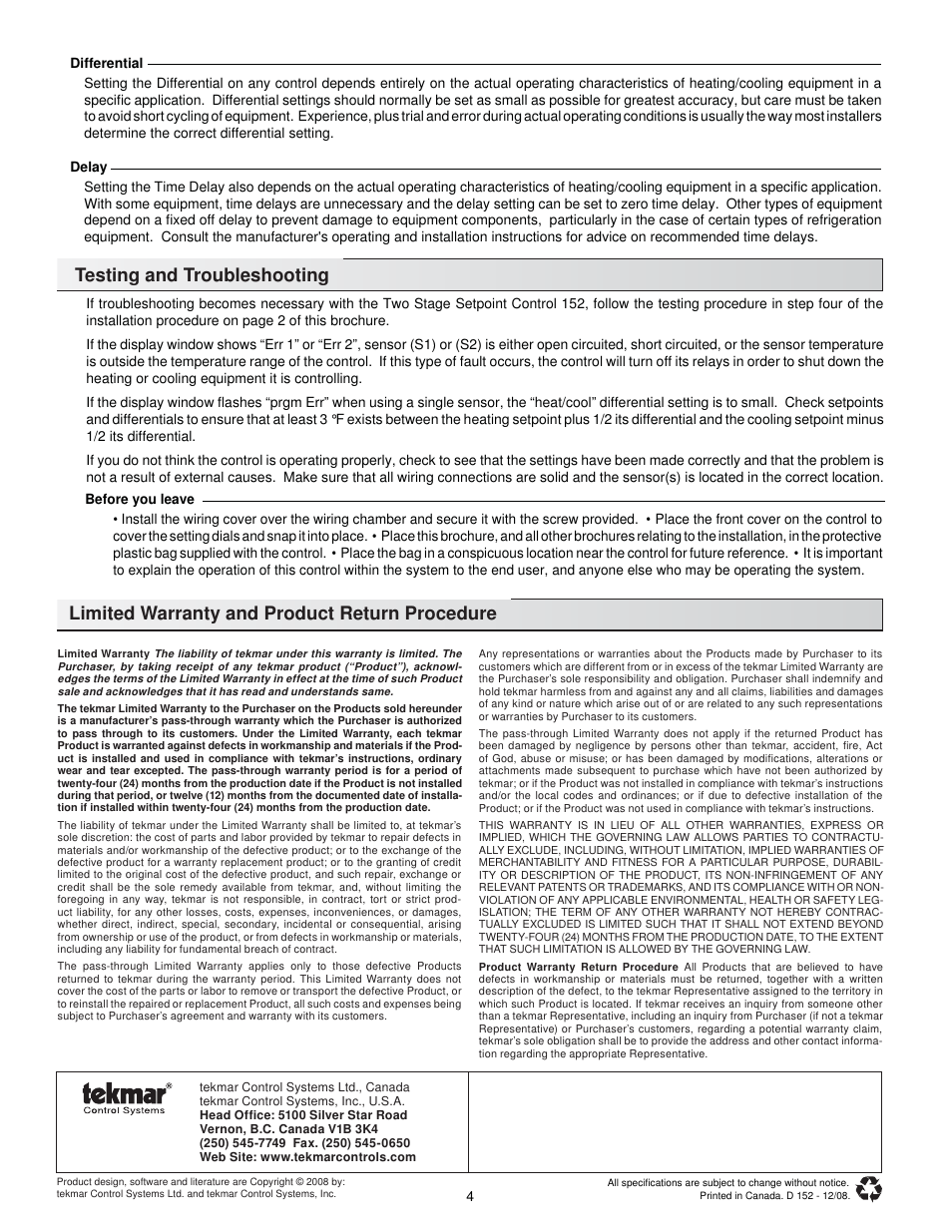 tekmar 152 Two Stage Setpoint Control User Manual | Page 4 / 4