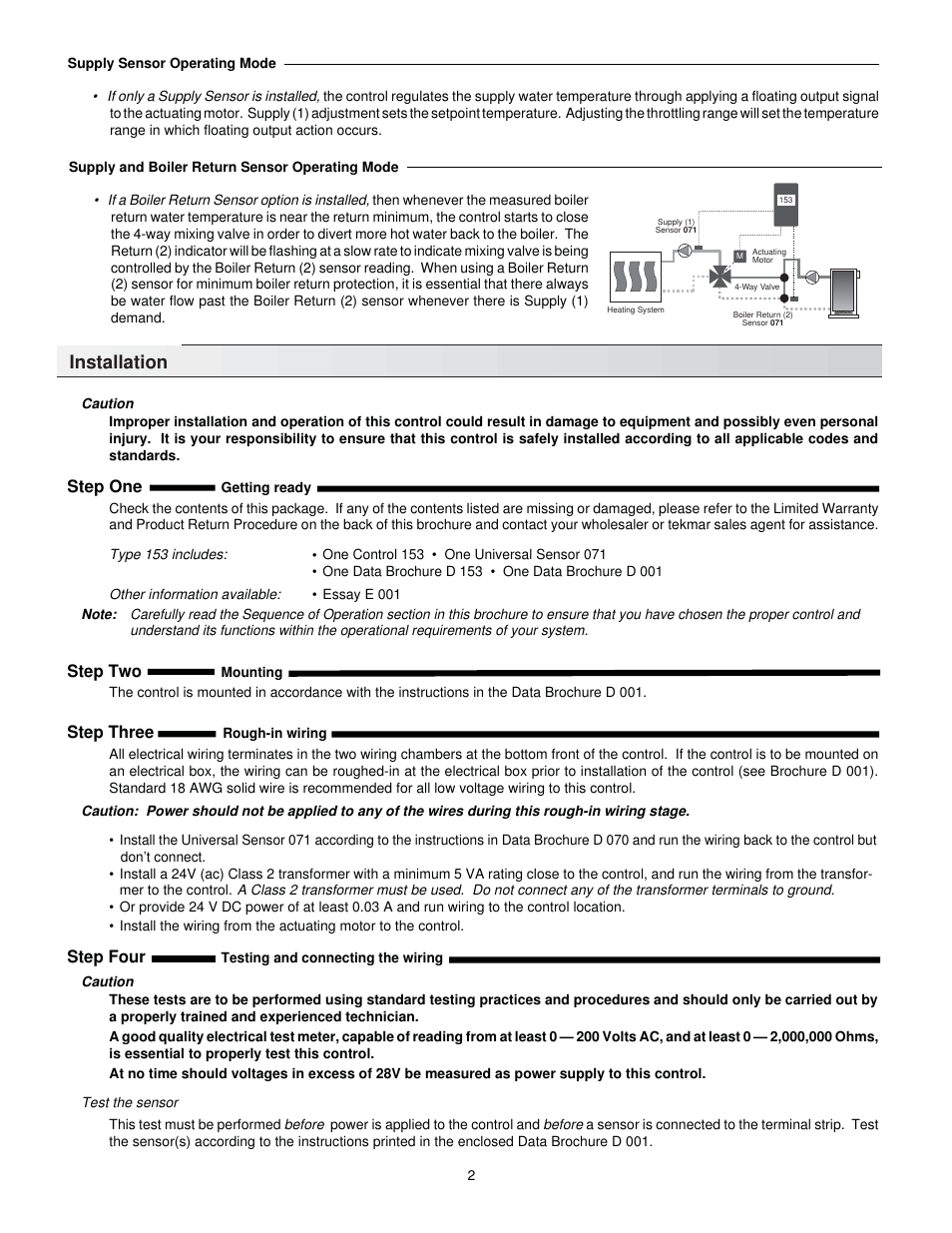 Installation, Step one, Step two | Step three, Step four | tekmar 153 Mixing Setpoint Control User Manual | Page 2 / 4