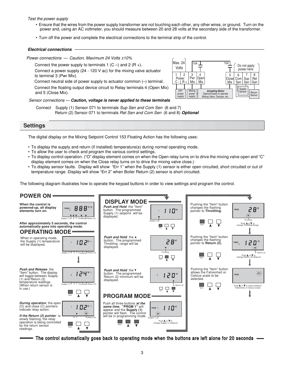 Settings, Display mode, Power on | Operating mode program mode, And 5 (close mix) | tekmar 153 Mixing Setpoint Control User Manual | Page 3 / 4