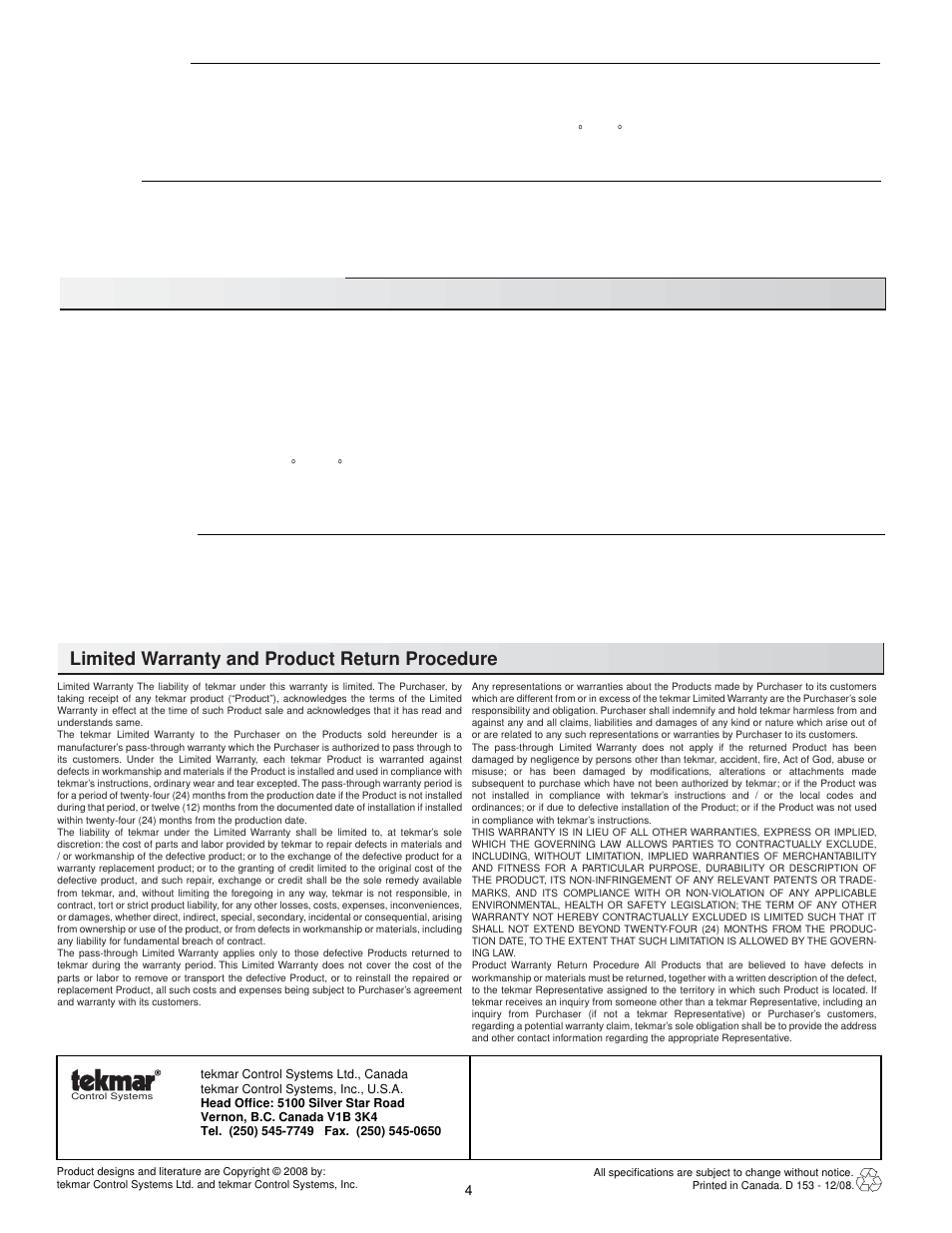 Testing and troubleshooting, Limited warranty and product return procedure | tekmar 153 Mixing Setpoint Control User Manual | Page 4 / 4