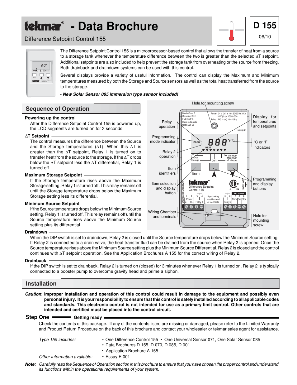 tekmar 155 Difference Setpoint Control User Manual | 4 pages