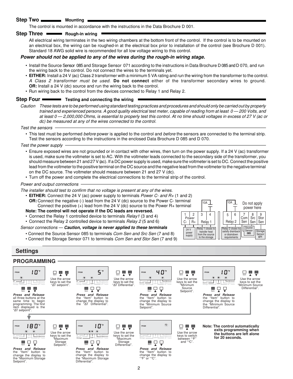 Settings, Step two, Step three | Step four, Programming | tekmar 155 Difference Setpoint Control User Manual | Page 2 / 4
