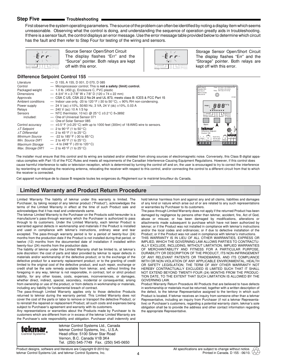 Limited warranty and product return procedure, Step five, Difference setpoint control 155 | tekmar 155 Difference Setpoint Control User Manual | Page 4 / 4
