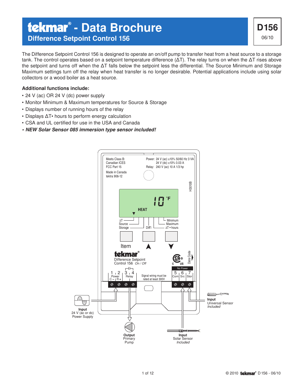 tekmar 156 Difference Setpoint Control User Manual | 12 pages