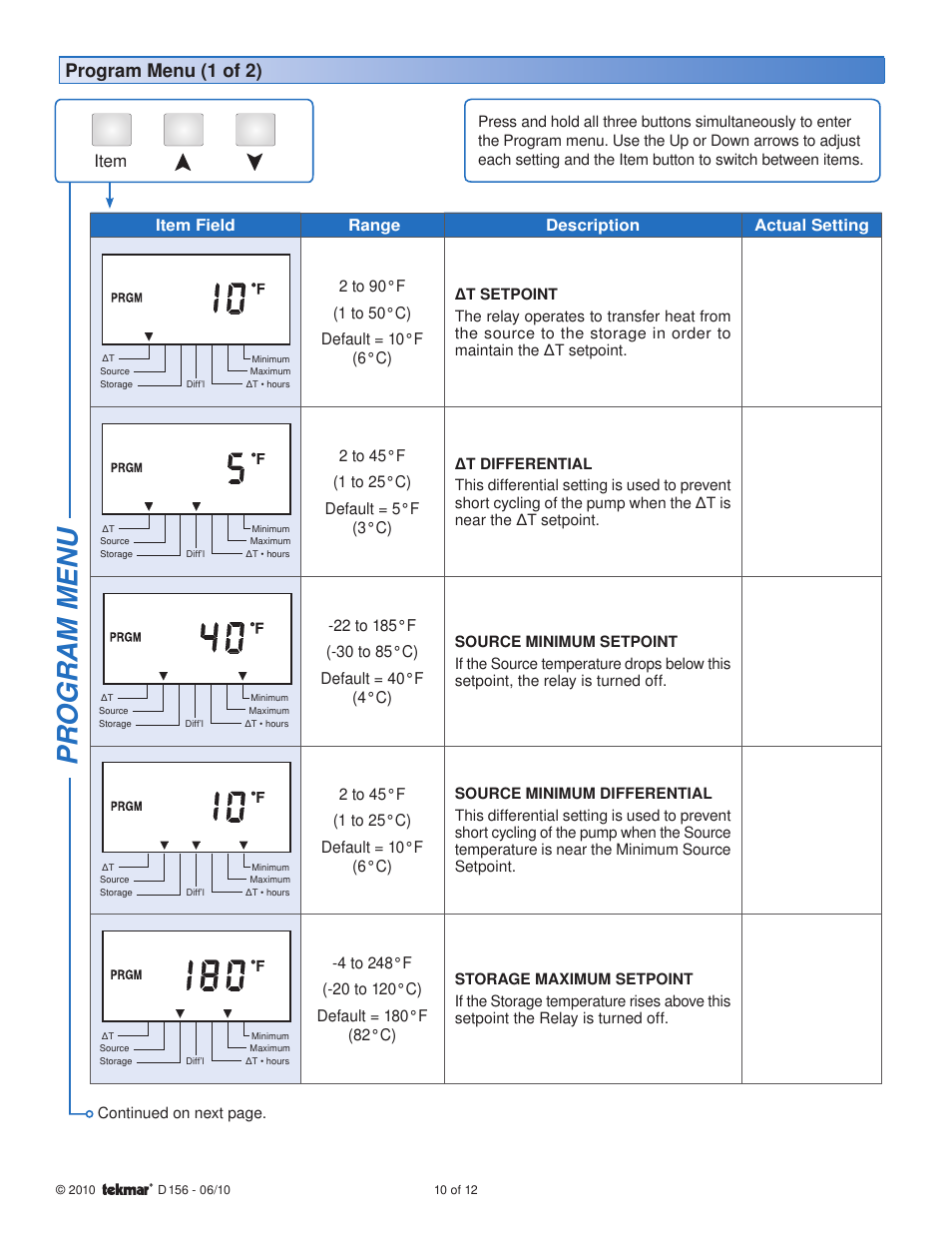 Program menu, Program menu (1 of 2), Item | Item field range description actual setting | tekmar 156 Difference Setpoint Control User Manual | Page 10 / 12