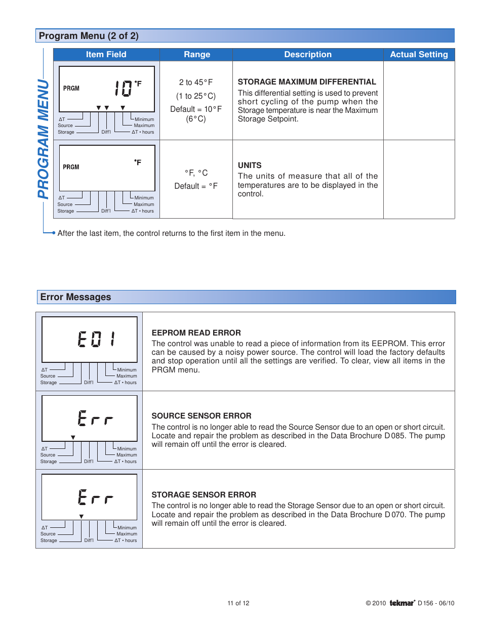 Program menu, Program menu (2 of 2), Error messages | Item field range description actual setting, F, °c default = °f | tekmar 156 Difference Setpoint Control User Manual | Page 11 / 12