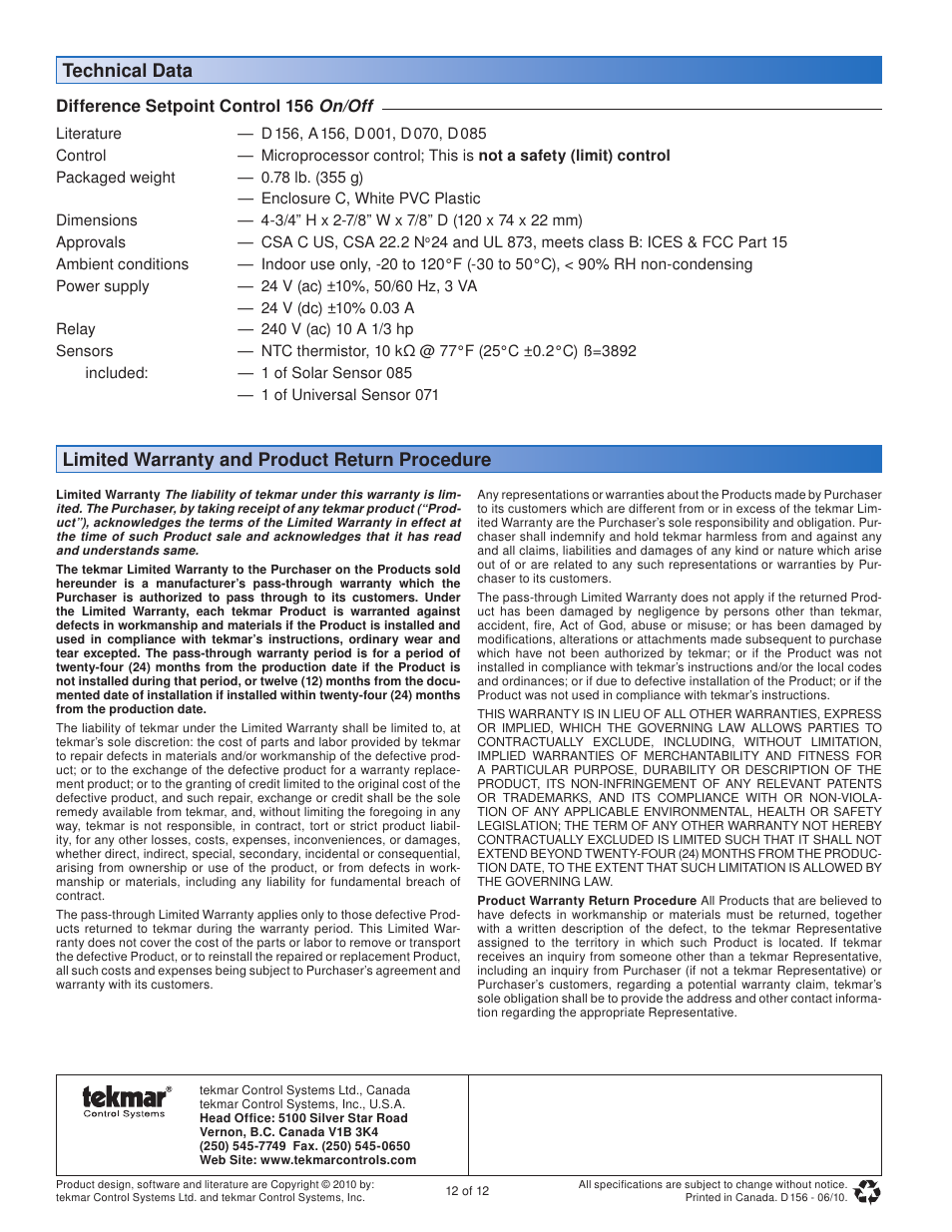 tekmar 156 Difference Setpoint Control User Manual | Page 12 / 12