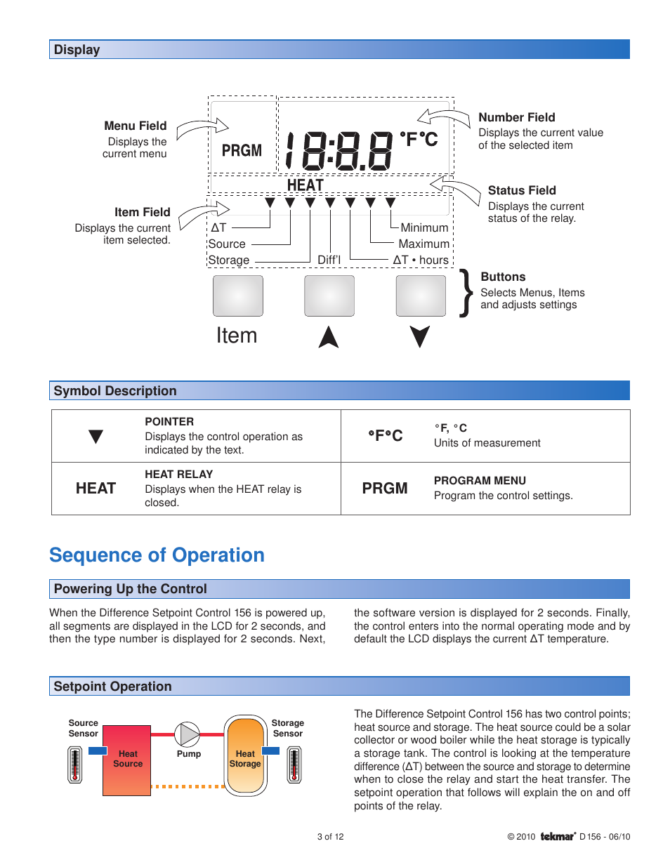 Item, Sequence of operation, Heat | F° °c, Prgm | tekmar 156 Difference Setpoint Control User Manual | Page 3 / 12